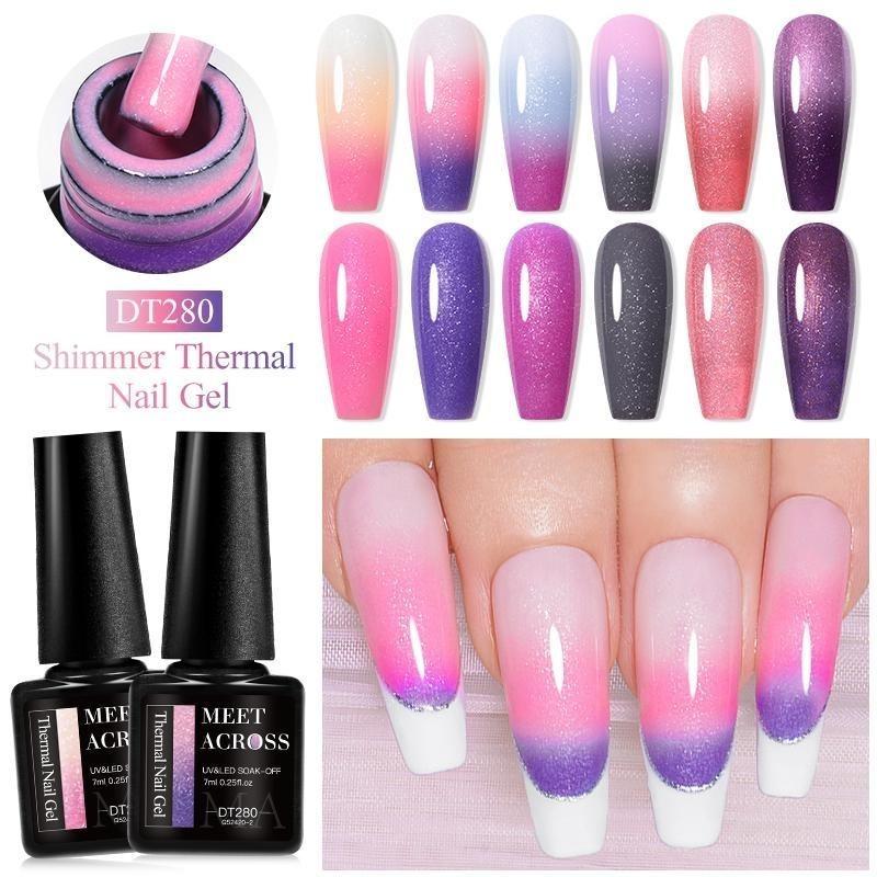 7ml Purple Glitter Auroras Thermal Gel Nail Polish Winter 3 Layers Temperature Color Changing Semi Permanent Manicure Nail Art Gel Varnish