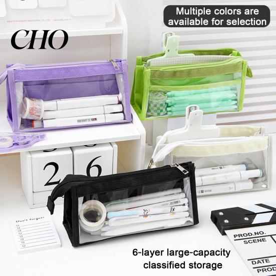 Fresh Color Stationery Bag Transparent Mesh Pencil Case for Middle School Students Large Pouch Capacity Multilayer Storage with Compartments