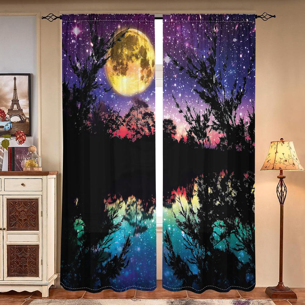 2 pieces, purple starry sky, moon, trees, lake curtains, filter, suitable for living room, kitchen, bedroom, home decoration