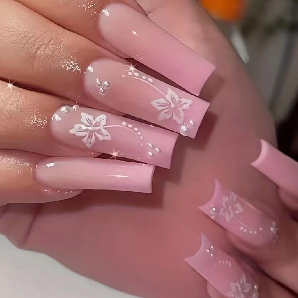 24Pcs Long Square Press On Nails French Blue Glitter Flower Design Stick On False Nails For Women Wearable Manicure Tips