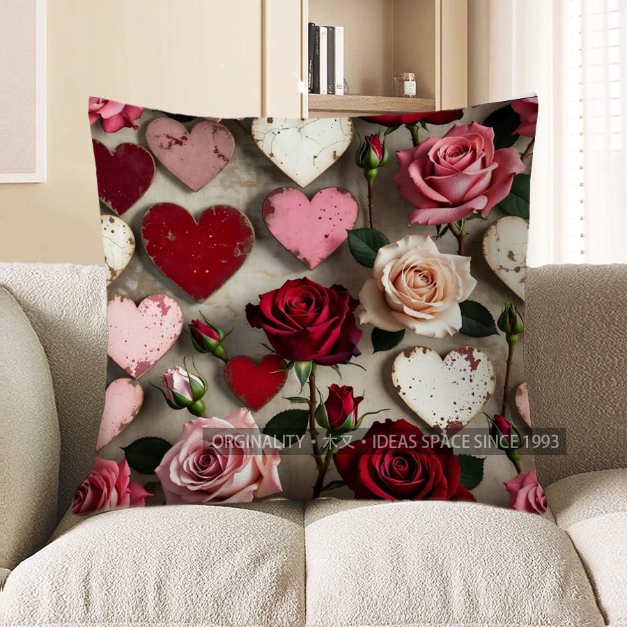 2D Heart & Rose Patterned Digital Print Pillow Covers Pattern Cushion Cover Suitable For Sofa Bedroom Car Pillow Cover