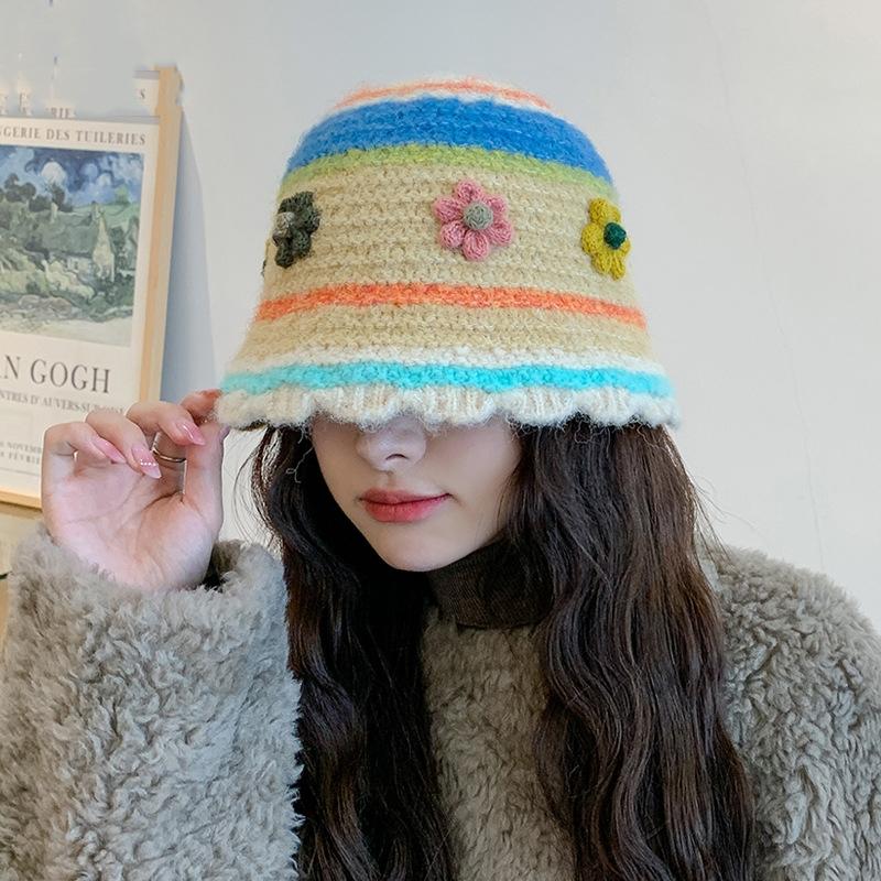 Женская осенне-зимняя теплая утолщенная защитная шапка для ушей из холодного бархата, вязаная шапка для бассейна, милая, цветочная полосатая, рыбацкая шапка