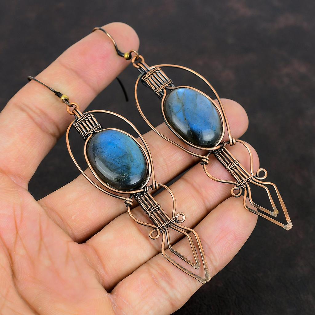 Серьги с лабрадоритом, медная проволока, серьги с драгоценными камнями, медные украшения, серьги ручной работы, подарок для нее, дизайнерские серьги, ювелирные изделия, завернутые в проволоку