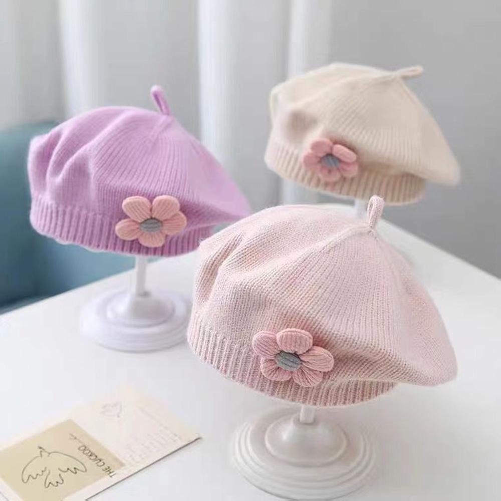 2020Flower Baby Beret Hat Winter Warm Knitted Beanie Cap for Infant Girls Korean Toddler Princess Artist Solid Color Painter Caps
