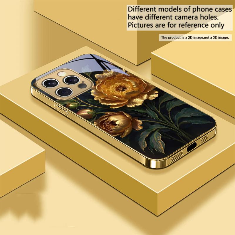 Чехол для телефона Prosperous Golden Peony с золотым стеклом для iPhone 17 Pro Max 16 17 Pro 15 Pro 14 13 Plus 12 Mini 11 Pro Max XR 16E 17 Air