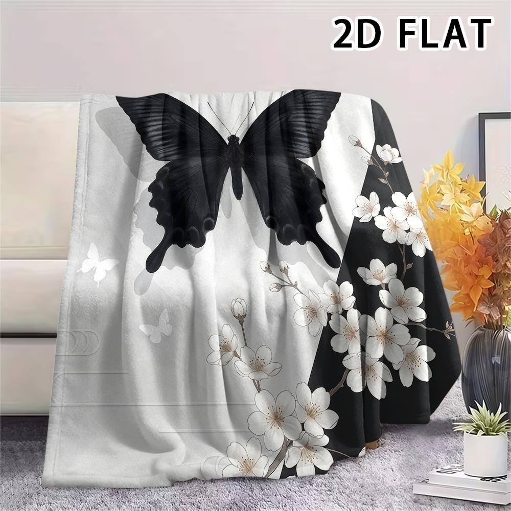 1Pc 2D FLAT Ink Black White Print Flannel Blanket,High quality Comfortable for All Seasons,Home Decor,Warmth and Comfort,Perfect for Christmas Gifts