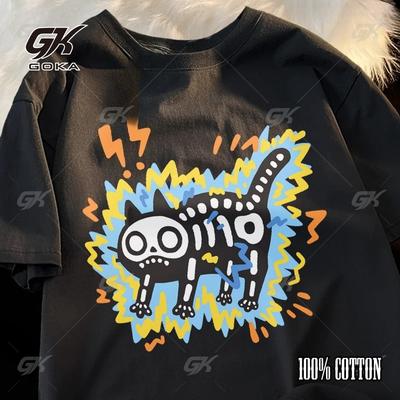 Футболка с коротким рукавом, модная, из хлопка, свободного кроя, для мужчин и женщин, летняя, с изображением черепа и кошки. Оригинальная футболка.