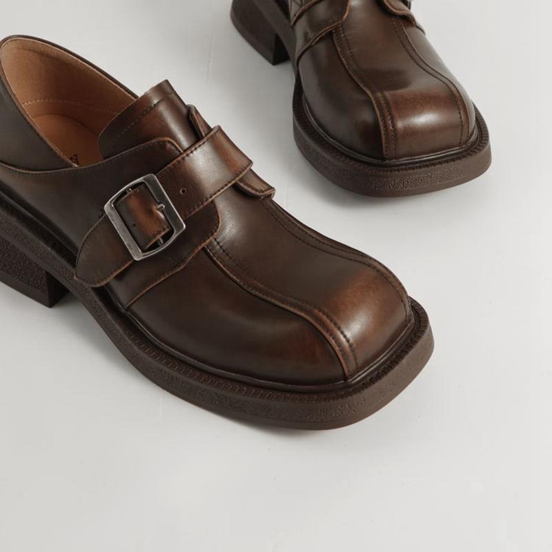 Fashion Women's New Leather Cowhide Round Toe Mid Heel Metal Belt Buckle College Style Single Shoe Thick Sole Retro Casual Shoes