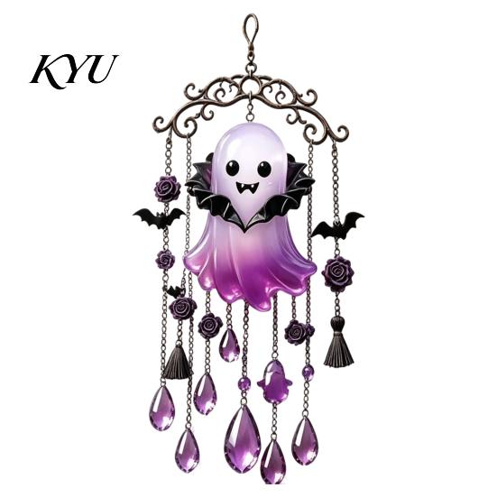 Window Hanging Decoration Halloween Ghost Wind Chime Decoration, Vintage Sun Catcher with Faux Crystal Party Supplies Drops Tassels, Acrylic Ornament