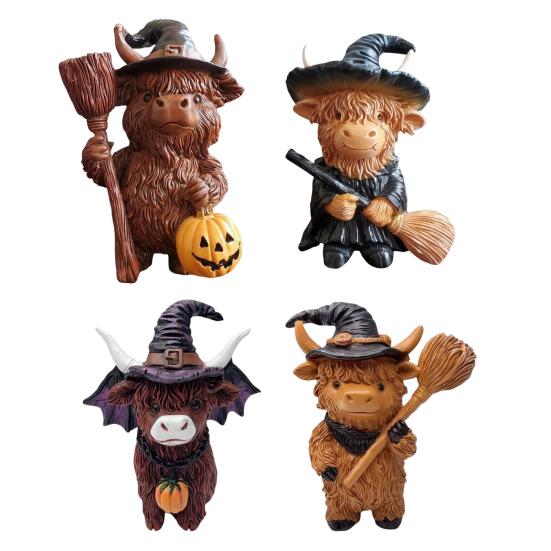 2Pcs Halloween Highland Cow Resin Figurine Wizard Hat Pumpkin Broom