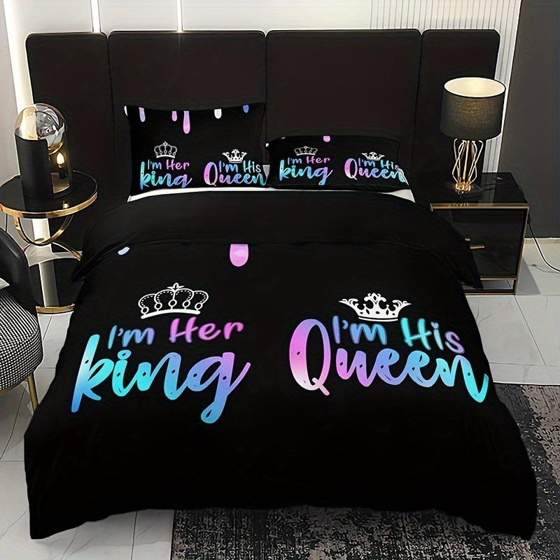 3-Piece Crown Letter Duvet Cover Set With 1 Duvet Cover And 2 Pillowcases Soft Breathable Hd Printing Bedding For Home And Dorm