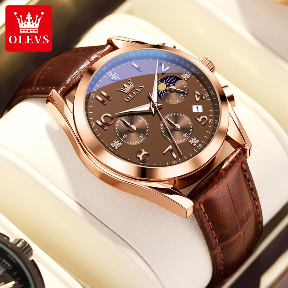 OLEVS Top Brand Classic Moon Phase Quartz Watch Men Leather Strap Waterproof Luminous Date Chronograph Wristwatch Mens