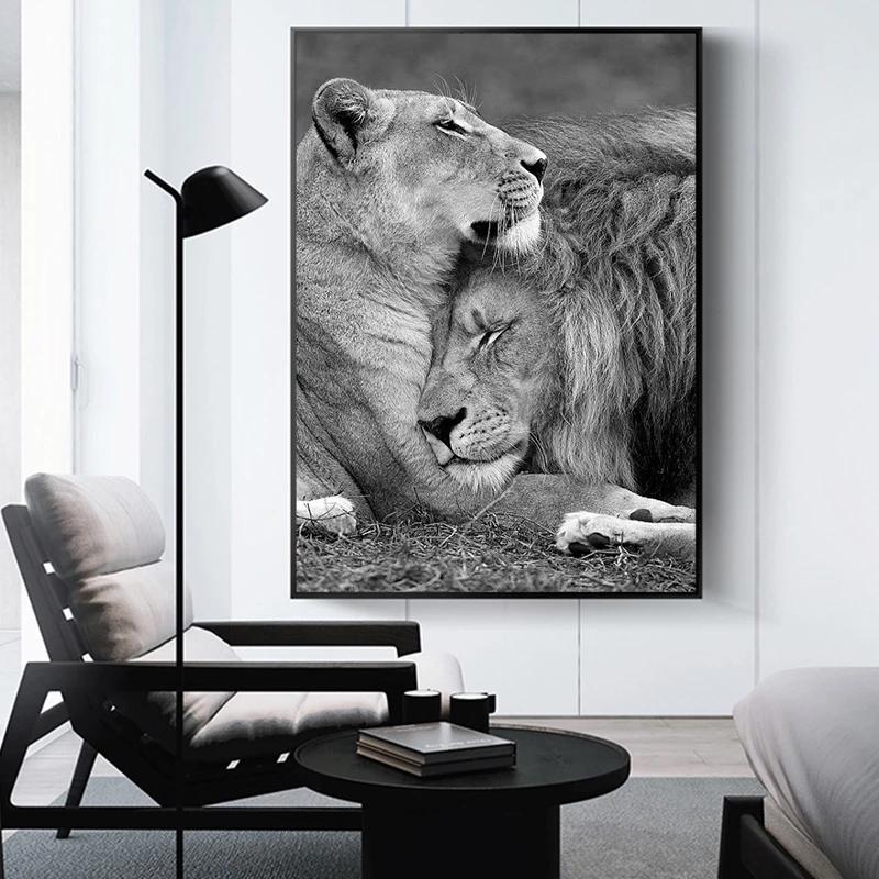 Скандинавский холст, картина, черно-белые львы, объятия, плакат и принт, настенные художественные фотографии для украшения гостиной, Cuadros
