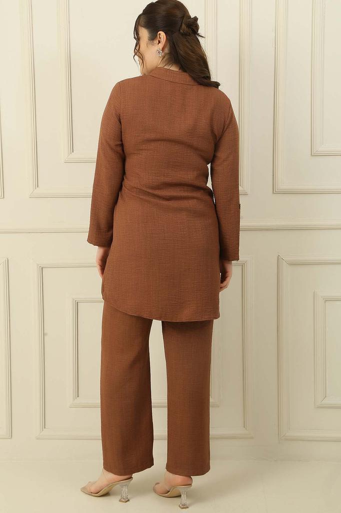 Single Pocket Sleeve Folded Shirt Elastic Waist Palazzo Trousers Linen Effect Large Size 2 Piece Set