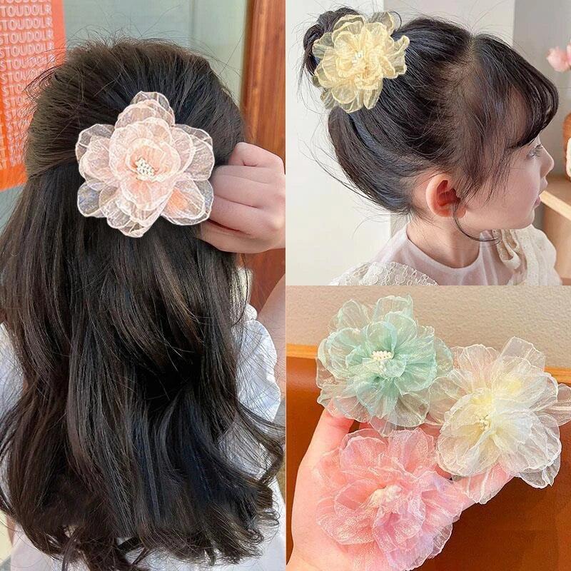 Новинка 2024 года, заколка для волос с большим цветком, модная шифоновая челка, заколки для волос, детские головные уборы для девочек, аксессуары для волос на отдыхе