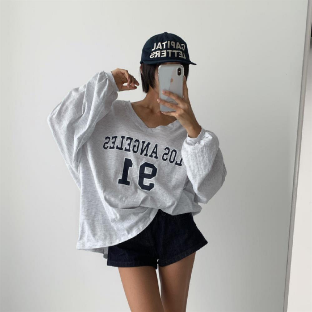 New ArriVals Open Run Women V Neck oVersized LeTTering CoTTon T shirT