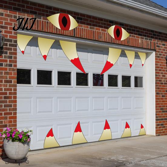 Festive Exterior House Decor Halloween Demon Mouth Wall Decal, Scary Beast Teeth Eyes Garage Door Decorative Vinyl Graphics Sticker for Yard Entryway,