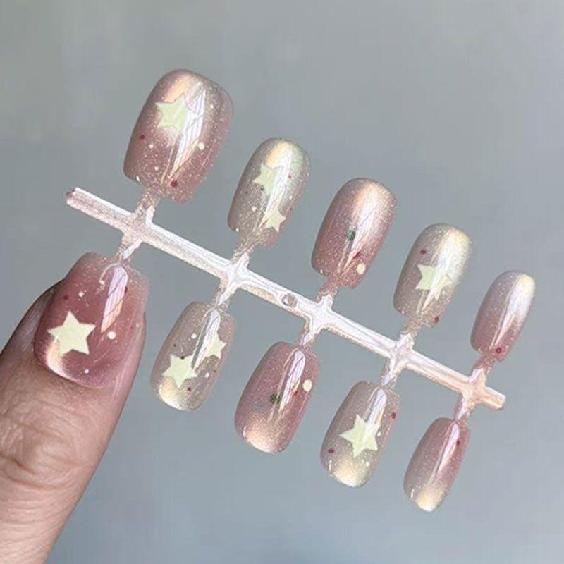 10pcs Cute Pink Star Glitter Square Press On Nails Glossy Natural Look Durable False Nails For Women