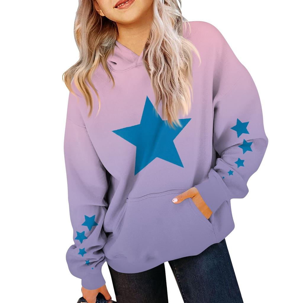 Girls Long Sleeve Printed Gradient Color Children's Hooded Pocket Sweatshirt