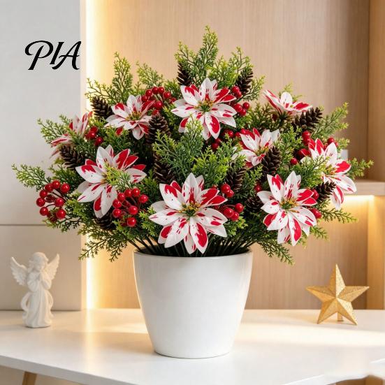 Artificial Plants for Weddings 5 Heads Poinsettia Flowers, Christmas Fake Pine Berry Decoration, Silk Decorations Fade-Resistant Red And White Floral