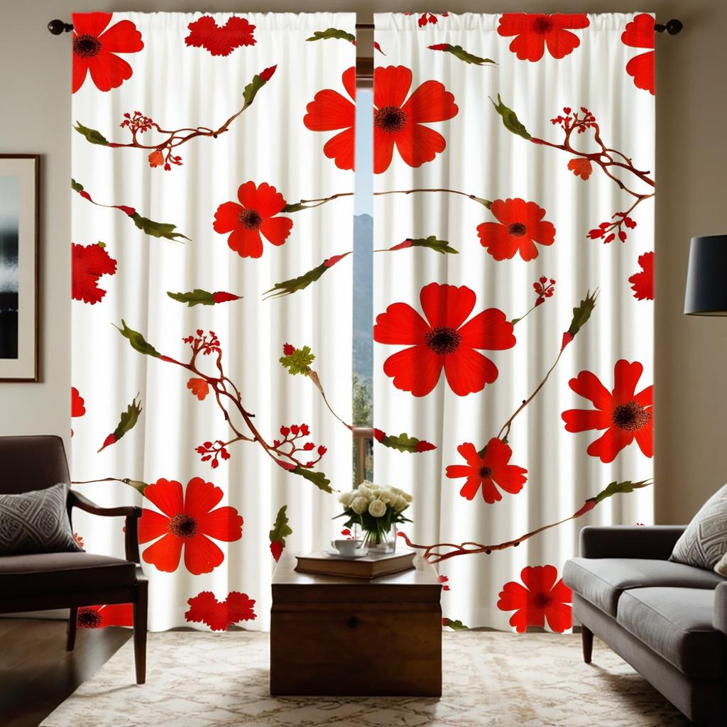 2pc Gorgeous Style Red Floral Print Curtains, Polyester Fabric, Machine Washable, Suitable for Bedroom Living Room Decoration