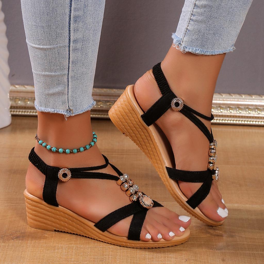 2025 New Summer Wedge Heel Sandals Women's Bohemi Korean Version Casual Handmade Beaded Flat Beach Sandals In Stock