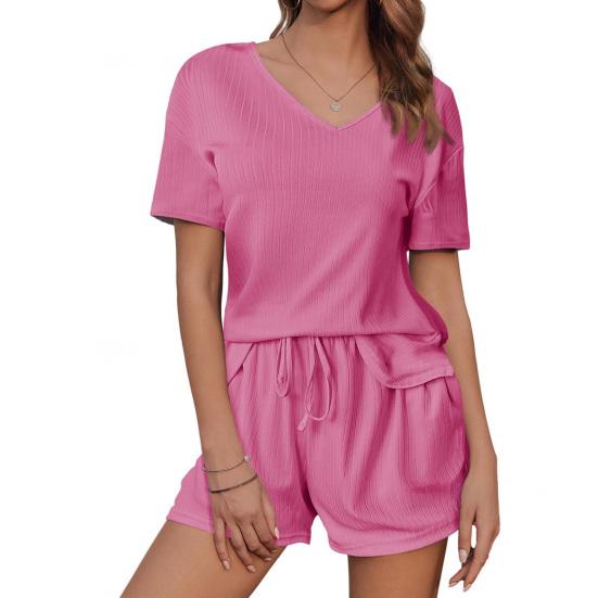 Женский летний комплект из 2 предметов: футболка с коротким рукавом и V-образным вырезом, эластичные шорты на талии, однотонный свободный покрой, повседневный наряд