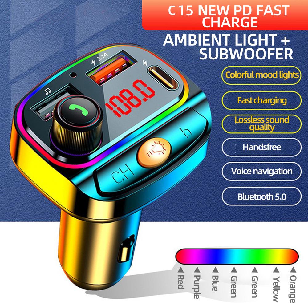 Автомобильный FM-передатчик Bluetooth 5.0 Handsfree Audio Mp3-плеер адаптер Dual USB Type-C Быстрая зарядка Цветные огни FM-модулятор