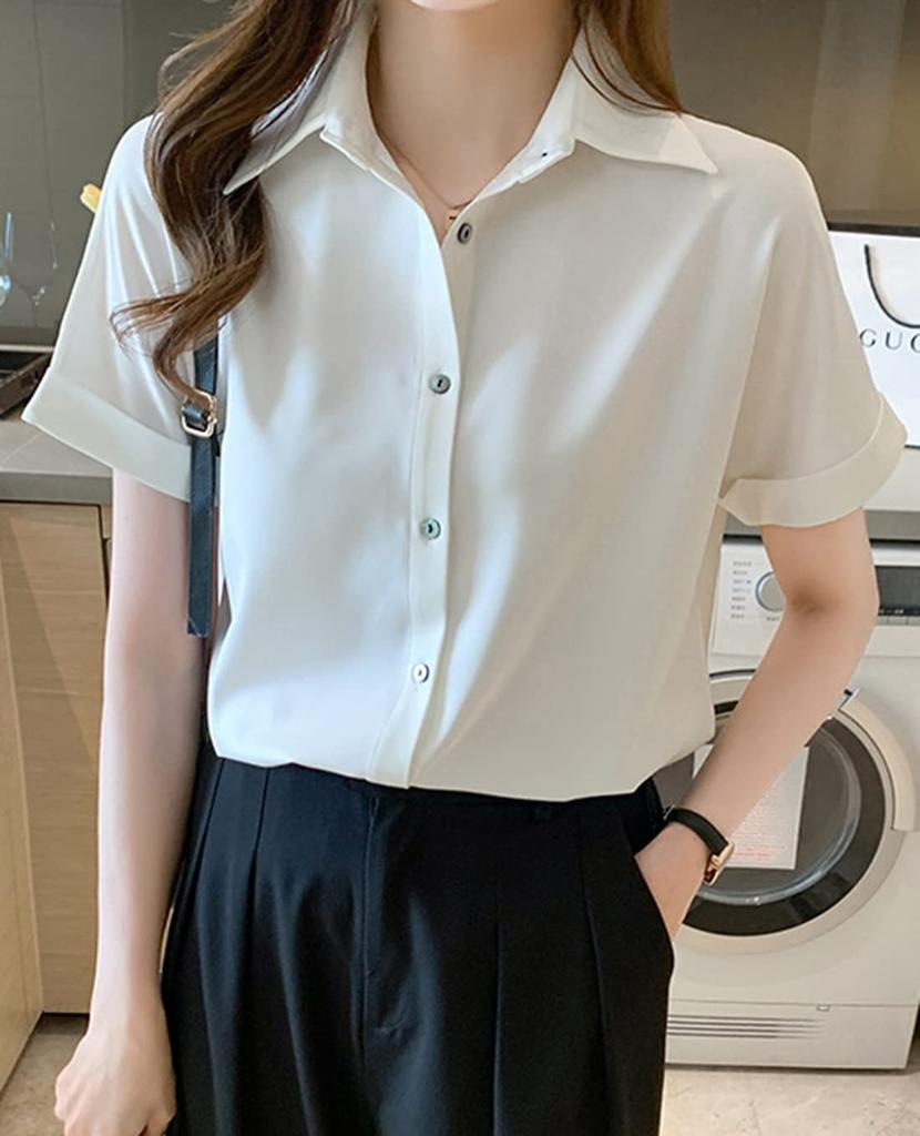 Short Sleeve Loose Large Size [OKJCON] Women's Shirt, Blouse, Chiffon, V-Neck, Office, Summer, Fit, Plain, Stylish, (XL, White)