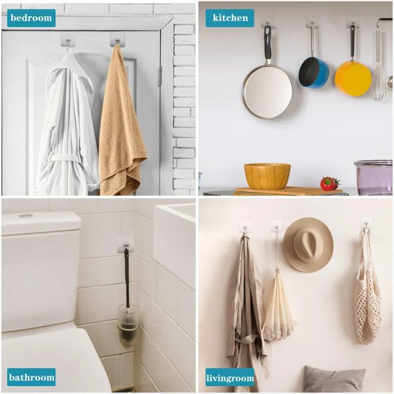 10 pieces of strong self-adhesive hooks, transparent hangers, towels, bathroom kitchen stainless steel hooks