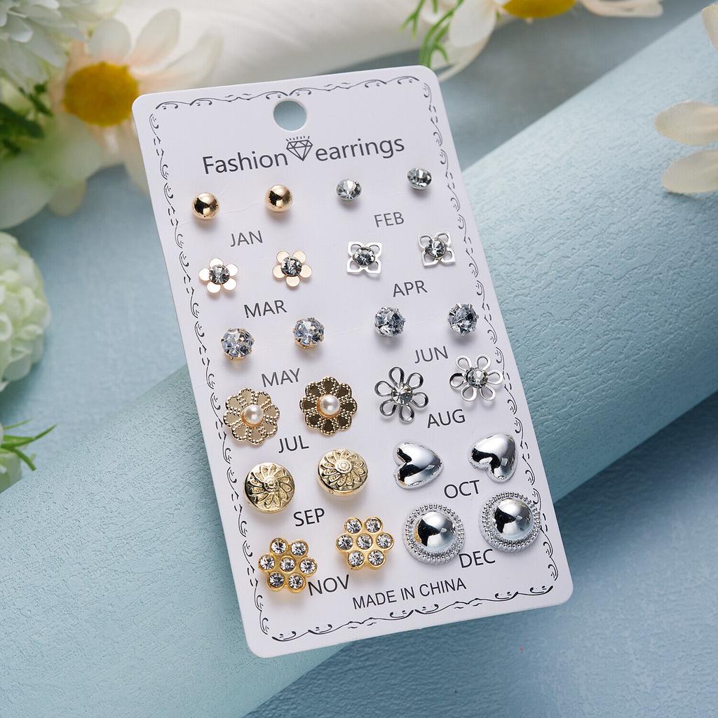 12 Pairs Earrings Set Stud Crystal Pearl Butterfly Flower Heart Women Jewelry