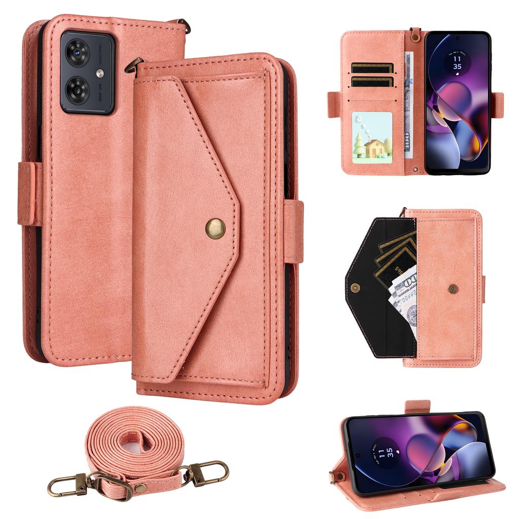 For Motorola Moto G64 5G/G54 5G Leather Case Magnetic Closure Wallet Stand Phone Cover with Crossbody Strap