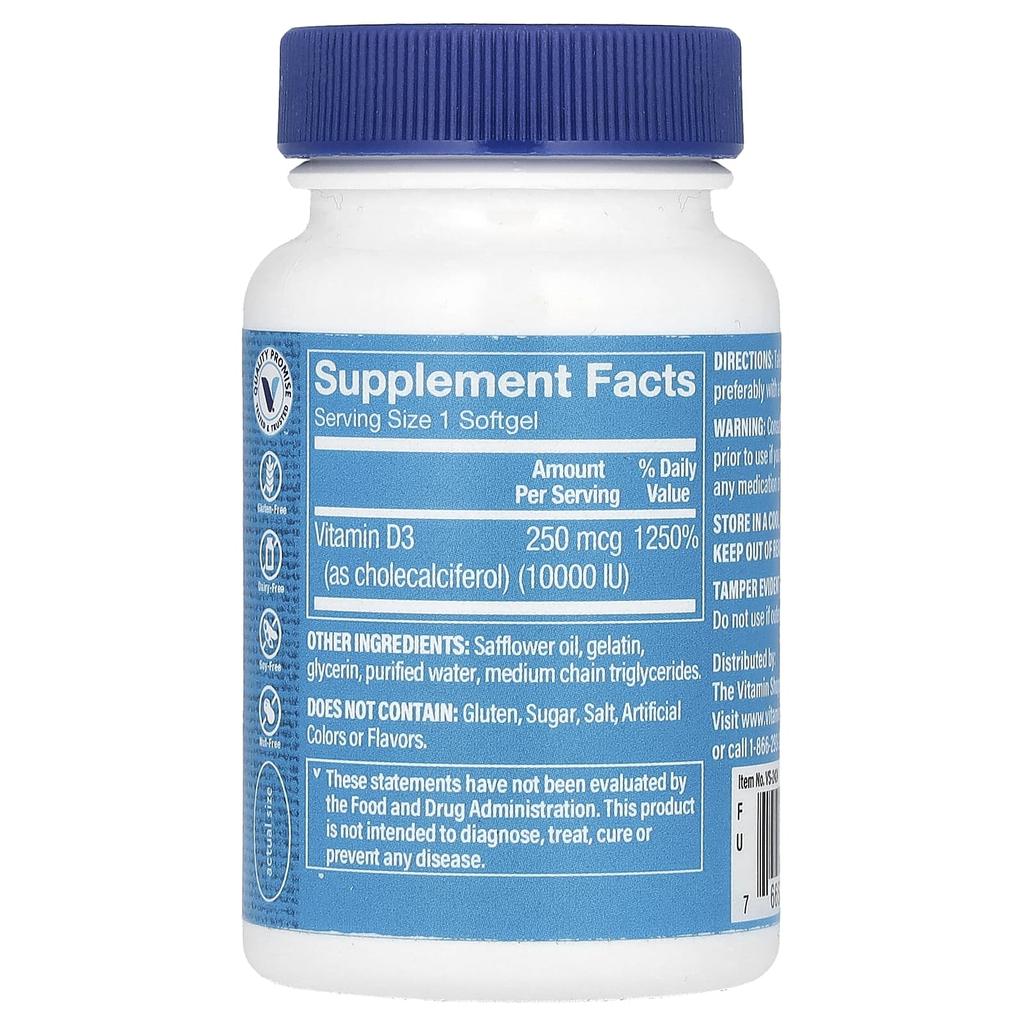 The Vitamin Shoppe, Витамин D3, 250 мкг (10,000МЕ), 100 мягких капсул