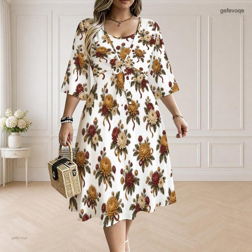 Women Plus Size V Neck Tulip Floral Print Knot Front 3 4 Sleeve 2 Piece Dress Set