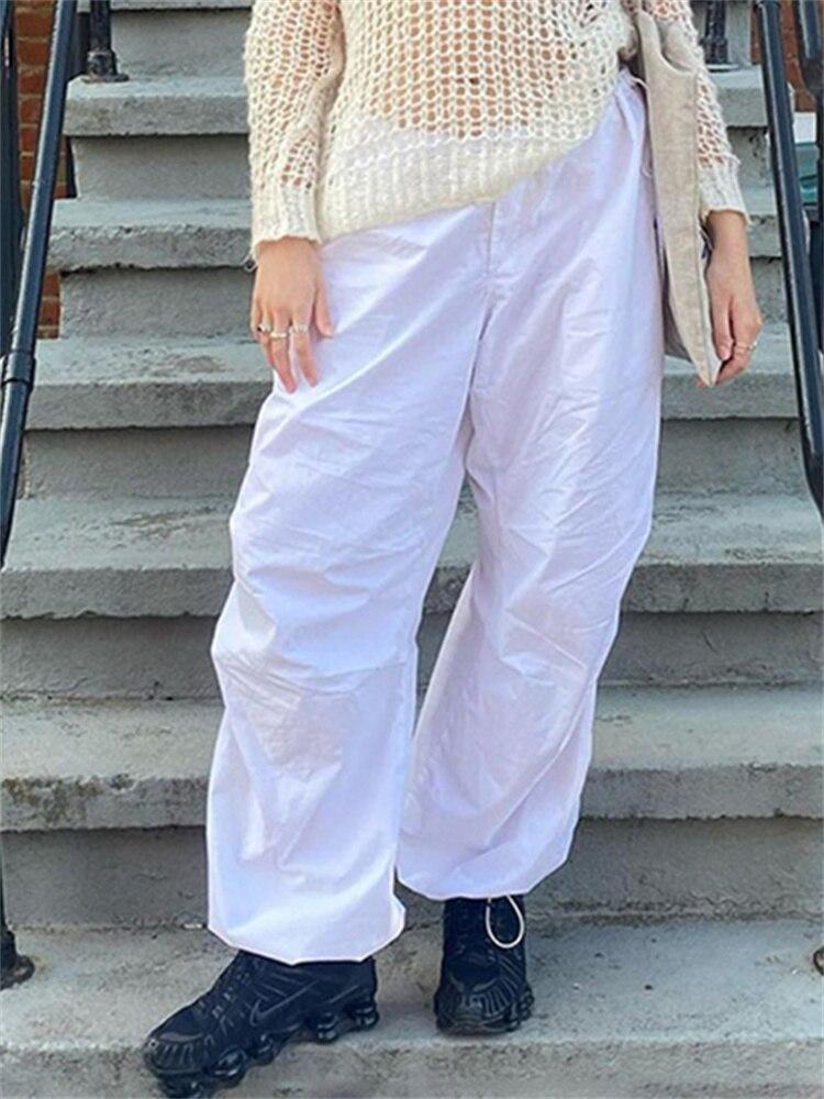 Женские повседневные мешковатые широкие спортивные штаны, модные винтажные шикарные однотонные брюки на шнурке, свободные уличные брюки Y2K для бега, брюки-карго