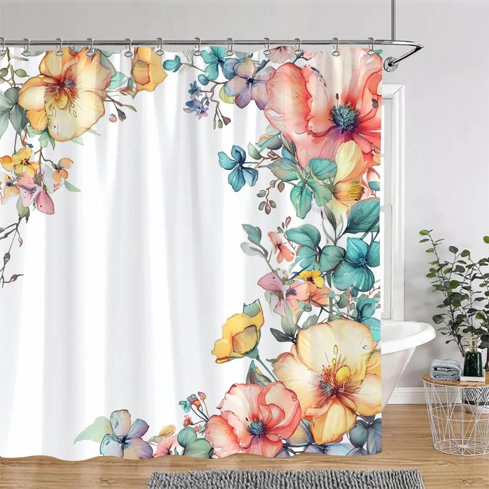 Beautiful Botanical Floral Shower Curtain Watercolour Painting Art Creative Vintage Style Polyester Bath Curta Bathroom Decor