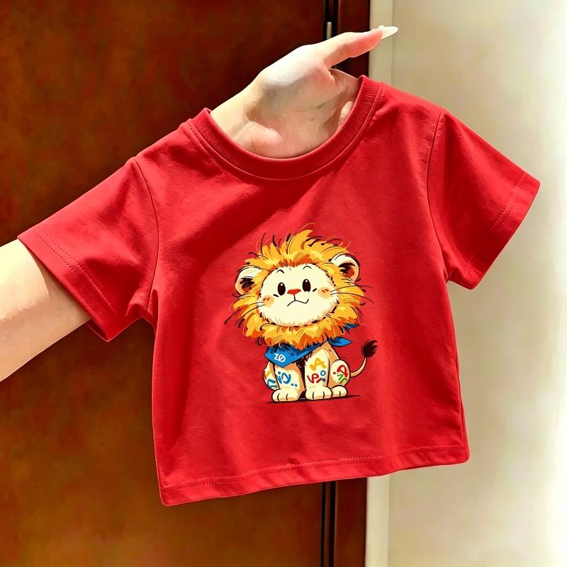 Retro Style Lion Print Children's T-shirt Summer New Fashion Trend Soft Skin Friendly Round Neck Parent-child Casual T-shirt