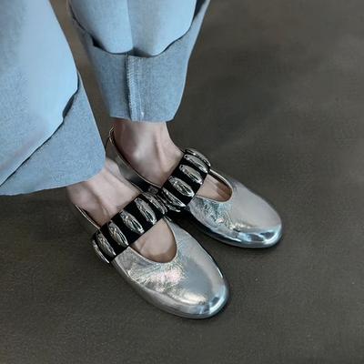 Дизайнерские кожаные туфли из овчины, нишевый дизайн, туфли Мэри Джейн с неглубоким вырезом, женские, с металлическим серебристым словом, на плоской подошве, универсальные одинарные туфли