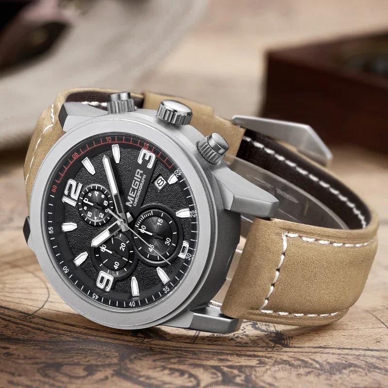 Повседневные спортивные часы-хронограф с кожаным ремешком, кварцевые наручные часы, водонепроницаемые, календарь, мужские деловые часы