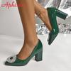 Fashion Aphixta Bing Big Crystals Round Buckle 7cm Chunky Heels Pumps Women Shoes Dark Green Fashion and Leisure Pointed Toe Pumps