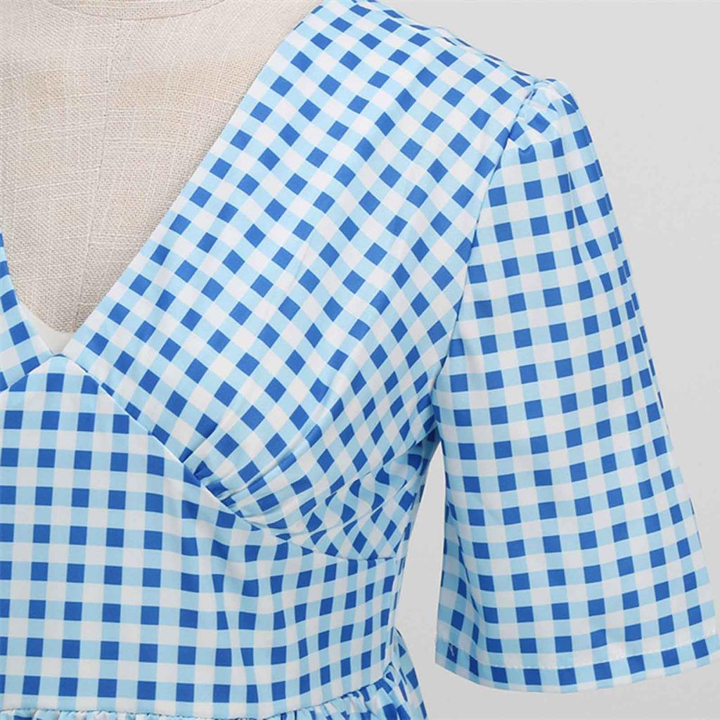 Женское модное тонкое платье макси с v-образным вырезом и коротким рукавом в винтажную клетку