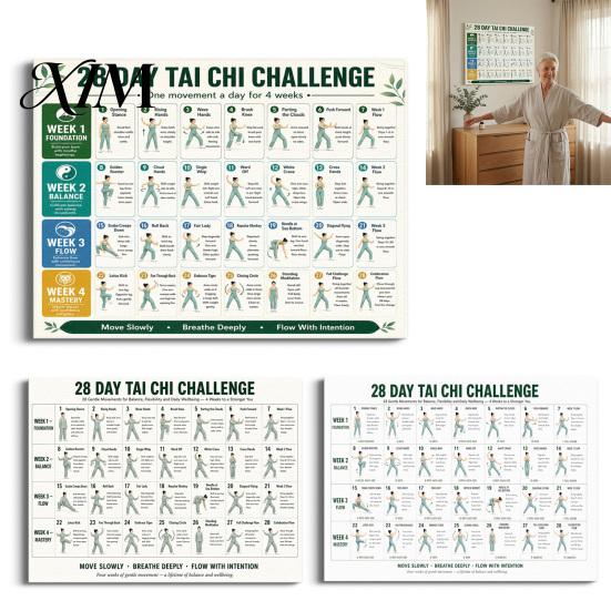 Coordinated Movement Plan 28 Day Tai Chi Challenge Poster, Beginner Guide Chart, Exercise Poster Standing Home Workout Routine, Gentle Exercises