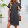 Женское модное однотонное платье с круглым вырезом, кружевной вставкой, свободного кроя, с коротким рукавом