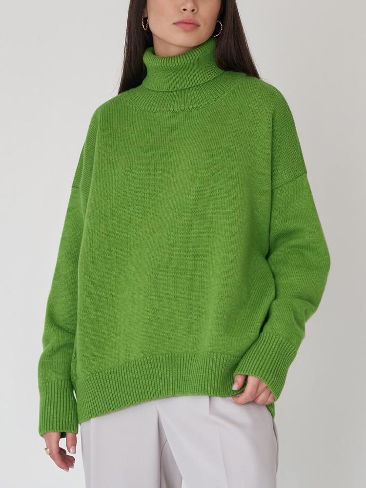 Женский свитер с высоким воротом, осенне-зимний свободный свитер, классический универсальный однотонный женский вязаный свитер-пуловер