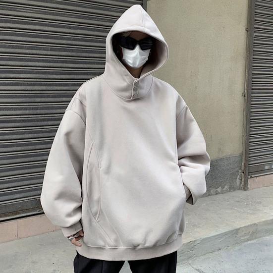 Fall Winter Men Hoodie with Big Pockets Buttoned Hood Loose Elastic Cuff Warm Pullover Mid Length Hip Hop Solid Color Top for Sport Daily Wear