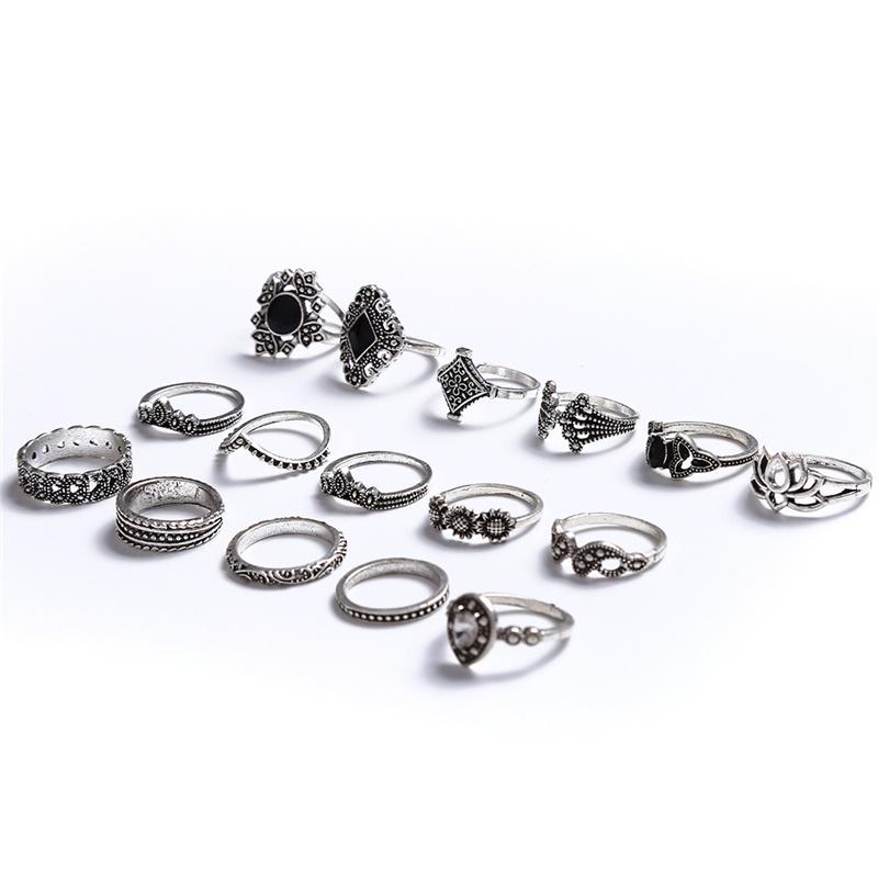 Серебро 15 шт. / Набор старинных панк-цветок резьба мини-кольцо на палец для женщин в богемном стиле