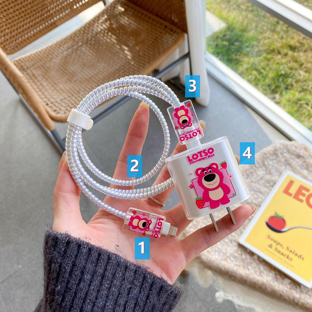 Комплект защиты кабеля данных Apple: Зарядная головка 20 Вт, прозрачный мультяшный дизайн, набор из 4 предметов