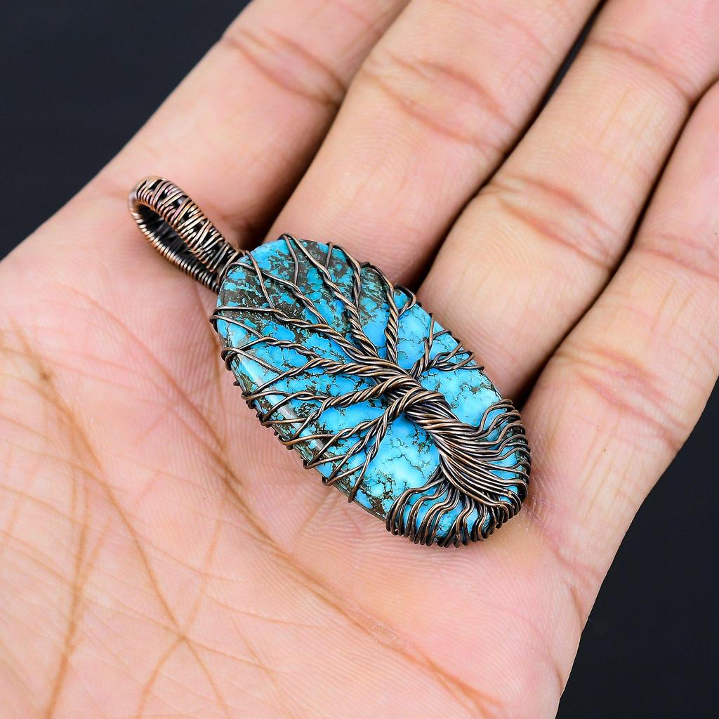 Tree Of Life Tibetan Turquoise Gemstone Pure Copper Wire Wrapped Handmade Pendant Jewelry