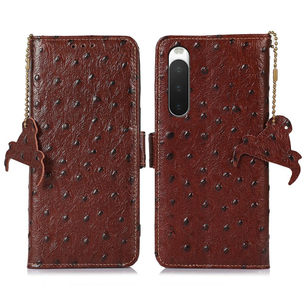 For Sony Xperia 10 IV 5G Case RFID Blocking Genuine Cow Leather Phone Case Ostrich Texture
