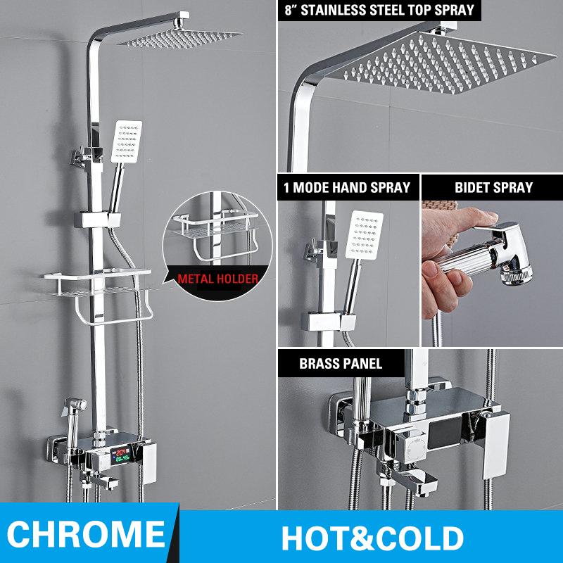 Светодиодный цифровой душевой набор, хромированные смесители для ванной комнаты, термостатический смеситель для душа, спа-дождь, смеситель для горячей и холодной ванны, настенное крепление Grifos